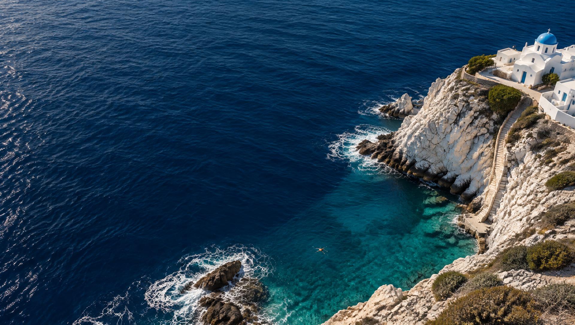 Greek island chapel above a turquoise cove in the Aegean Sea